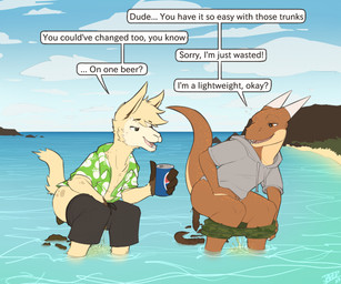 anthro asking_another bodily_fluids bottomwear bottomwear_around_legs brown_body brown_fur brown_scales bubble butt clothing clothing_around_legs cloud crouching day dialogue drunk drunk_bubble duo ellipsis feces fur genital_fluids gloves_(marking) green_clothing green_eyes green_shirt green_topwear grey_clothing grey_hoodie grey_topwear hoodie horn male male_pooping markings narrowed_eyes open_mouth open_smile orange_eyes outside peeing peeing_together pooping pooping_into_water pooping_together public_peeing public_pooping raised_tail scales scatplay sea shirt shorts shorts_around_legs sky smile speech_bubble substance_intoxication tail talking_to_another teeth text topwear urine urine_stream water watersports yellow_body yellow_fur jadeder mythology rise_(poverizer) camelid dragon llama mammal mythological_creature mythological_scalie scalie 2023 dated english_text hi_res signature