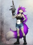 anthro boots bottomwear breasts clothed clothing dipstick_tail female footwear fur gloves grey_body grey_fur gun hair handwear kriss_vector long_hair markings midriff multicolored_tail navel purple_eyes purple_hair purple_tail ranged_weapon shirt shoes shorts solo submachine_gun tail tail_markings tank_top topwear weapon abluedeer dreamkeepers the_wayward_astronomer miri_rodgers canid canine fox mammal digital_media_(artwork) hi_res shaded