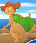 anthro beach big_butt bikini bikini_bottom bikini_top bottomwear butt butt_focus clothing female green_bikini green_bikini_bottom green_bikini_top green_clothing green_swimwear hair huge_butt loli looking_at_viewer looking_back looking_back_at_viewer seaside smile solo swimwear thick_thighs tight_bikini tight_bottomwear tight_clothing two-piece_swimsuit young young_anthro butlova arthur_(series) sue_ellen_armstrong domestic_cat felid feline felis mammal 5:6 absurd_res hi_res