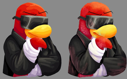 anthro black_clothing black_jacket black_topwear clothing eyewear fur grey_background jacket male red_body red_fur simple_background sunglasses topwear ymuy club_penguin jet_pack_guy avian bird penguin half-length_portrait portrait