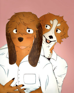 anthro blush brown_body brown_fur brown_hair clothing cute_fangs duo fangs fur hair hug male male/male orange_body orange_fur romantic romantic_couple school_uniform shirt simple_background slightly_chubby smile teeth tongue tongue_out topwear uniform white_clothing white_shirt white_topwear cashpup smell_(mucknagabe) joseph_(mucknagabe) noi_(mucknagabe) bloodhound border_collie canid canine canis collie domestic_dog herding_dog hunting_dog mammal pastoral_dog scent_hound sheepdog 4:5 absurd_res hi_res