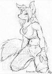 2006 anthro biped bottomwear breasts canid canine clothed clothing female hair heart_symbol husky_kei kneeling long_hair mammal monochrome pants rick_griffin shirt sketch solo tail tank_top topwear traditional_media_(artwork)