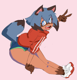 anthro athletic_wear blue_hair bottomwear brown_body brown_fur clothing female footwear fur gesture gym_bottomwear gym_shorts hair hand_gesture looking_at_viewer open_mouth shoes shorts smile solo tracksuit v_sign bard-bot brand_new_animal studio_trigger michiru_kagemori canid canine mammal raccoon_dog tanuki 2020 hi_res