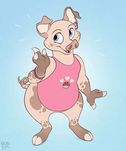 3_fingers anthro blue_background blue_eyes bracelet brown_markings clothing ear_piercing female fingers floppy_ears heart_(marking) jewelry looking_away markings open_mouth piercing pink_body pink_clothing pink_shirt pink_topwear pose shirt simple_background smile solo tail topwear mimi-fox domestic_pig mammal suid suine sus_(pig) colored digital_drawing_(artwork) digital_media_(artwork) flat_colors hi_res