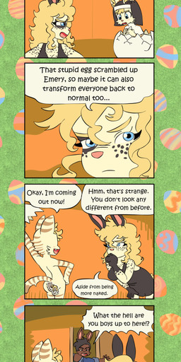 alternate_universe anthro black_clothing black_dress black_eyebrows black_hair black_spots blonde_eyebrows blonde_hair blue_clothing blue_eyes blue_topwear blush blush_lines breasts brown_body brown_fur brown_stripes brown_tail_tip casual_nudity cat_tail cleavage clothed clothing creative_censorship cut_ear cute_fangs dialogue dipstick_tail dress dress_only easter_egg egg_transformation eyebrow_slit eyebrows eyelashes fangs female fur giant_egg green_clothing green_shirt green_topwear grey_eyes group habit hair hands_on_hips holidays inner_ear_fluff male markings nun pink_nose rabbit_ears scut_tail shirt short_tail speech_bubble spots spotted_body spotted_fur striped_body striped_fur striped_markings striped_tail stripes tail tail_markings talking_to_another tan_body tan_fur tan_tail teeth text topwear trio tuft worried yellow_tail young young_anthro young_female bisonvega easter cat_girl_(bisonvega) cousin_bunny_(bisonvega) daddy_bunny_(bisonvega) domestic_cat felid feline felis lagomorph leporid mammal rabbit 2026 absurd_res censored comic english_text hi_res