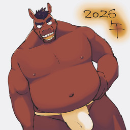 anthro asian_clothing belly big_belly biped brown_body clothing east_asian_clothing fundoshi holidays japanese_clothing kemono male moobs navel nipples overweight overweight_male simple_background solo underwear white_clothing white_fundoshi white_underwear kick_(artist) new_year equid equine horse mammal 1:1 2026 hi_res