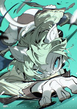action_pose ambiguous_gender anthro blue_clothing blue_eyes blue_legwear brown_clothing brown_footwear brown_shoes brown_topwear brown_underwear claws clothed clothed_anthro clothing finger_claws fingerpads footwear front_view green_hair hair holding_melee_weapon holding_object holding_weapon inner_ear_fluff legwear looking_at_viewer melee_weapon mouth_hold pawpads pose pupils shoes simple_background slit_pupils solo tail teal_background text topwear tuft underwear weapon white_sclera chiayeeee felid mammal 2025 digital_drawing_(artwork) digital_media_(artwork) english_text hi_res portrait signature three-quarter_portrait