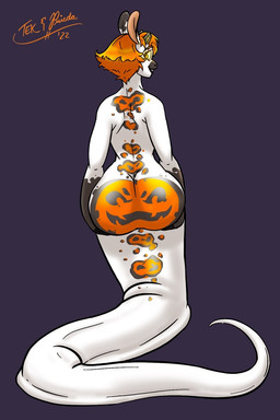 anthro apode butt female hair holidays horn legless pumpkin_butt serpentine simple_background solo split_form tekandprieda halloween the_rune_tapper pumpkin_(tekandprieda) bovid bovine draconcopode hybrid lamia mammal ophiotaurus reptile scalie snake digital_media_(artwork) hi_res