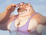 anthro areola barazoku big_pecs blush clothing eyewear fishnet_clothing fishnet_tank_top fishnet_topwear grin happy holding_eyewear holding_object holding_sunglasses jewelry light looking_at_viewer male necklace nipple_piercing nipples pecs piercing pink_eyewear pink_sunglasses sky smile solo sunglasses topwear trapezius theor theor_(character) american_badger badger mammal mustelid musteline 2024 bust_portrait lighting portrait