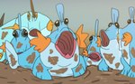 blue_body blue_skin bodily_fluids fin humor mud open_mouth orange_body orange_skin saliva blitzdrachin conditional_dnp nintendo pokemon fish generation_3_pokemon marine marshtomp mudkip pokemon_(species) multiple_characters 2024 hi_res tagme