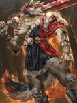 3:4 5_fingers animal_skull anthro biceps blue_eyes bone canid canine canis clothed clothing detailed fingers fire hades_(game) hi_res holding_melee_weapon holding_object holding_sword holding_weapon human_skull male mammal melee_weapon muscular muscular_anthro muscular_male muscular_thighs nipple_slip nipples pecs quads rainer skull solo supergiant_games sword thebigslick weapon wolf zagreus_(hades)