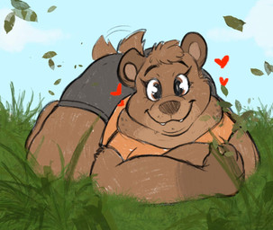 4_fingers anthro arms_bent black_eyebrows blue_sky bottomwear breasts brown_eyes brown_hair brown_tail closed_smile clothed clothed_anthro clothed_female clothing cloud day eyebrows eyelashes fangs female female_anthro fingers fluffy fluffy_tail fully_clothed fully_clothed_anthro fully_clothed_female fur grass grey_bottomwear grey_clothing grey_shorts hair happy heart_symbol hearts_around_head leaf lying lying_on_ground motion_lines mouth_closed multicolored_body multicolored_fur on_front on_ground orange_clothing orange_shirt orange_topwear plant shirt shorts sky smile smiling_at_viewer solo sparkles sparkling_eyes tail tail_motion tailwag teeth thick_thighs topwear whisker_spots ractoons bear_(ractoons) bear brown_bear mammal ursine 2021 digital_drawing_(artwork) digital_media_(artwork) english_description flat_colors