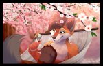 ambiguous_gender anthro cherry_blossom duo feral flower hammock male nature pawpads paws peaceful plant prunus_(flower) smile kitchiki ferox_(feroxdoon) avian bird canid canine fox mammal red_fox true_fox