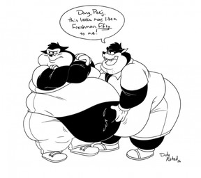 anthro belly belly_grab belly_overhang belly_peeking_out big_belly blush bottomwear clothed clothing collared_shirt crossed_arms dialogue dress_shirt footwear fully_clothed huge_belly looking_away male male/male navel obese obese_male overweight overweight_male pants shirt shoes shorts smile speech_bubble t-shirt teasing text topwear weight_gain duly_noted disney goof_troop pete_(disney) peter_pete_sr. pj_(goof_troop) bulldog canid canine canis domestic_dog mammal mastiff molosser english_text hi_res monochrome father_(lore) father_and_child_(lore) father_and_son_(lore) parent_(lore) parent_and_child_(lore) parent_and_son_(lore) son_(lore)