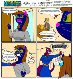anthro clothing conspiracy_board dialogue door female group jacket keikogi male martial_arts_uniform shirt shirt_grab simple_background sportswear text topwear trio baristagamerproductions ada_(gem_hunters) alfonso_(gem_hunters) phoebe_(gem_hunters) canid canine canis dingo felid feline mammal reptile scalie snake absurd_res comic english_text hi_res