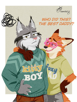 anthro blush clothing dialogue duo fur grey_body grey_fur male sweater text topwear whiskers yellow_eyes oravert69522 disney zootopia nick_wilde pawbert_lynxley canada_lynx canid canine felid feline fox lynx mammal 3:4 english_text hi_res