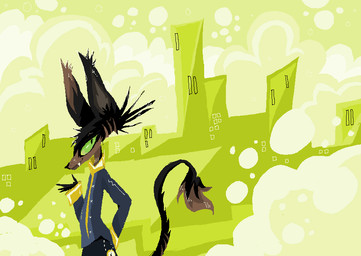 anthro black_body black_fur blue_clothing blue_jacket blue_topwear brown_body brown_fur city cityscape clothing cloud fangs fur green_sclera green_sky jacket male sky smile solo tail tail_tuft teeth topwear tuft naircat felid feline mammal 2017 digital_media_(artwork) microsoft_paint_(artwork)