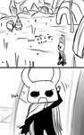 2_horns 2_panel_comic ambiguous_gender biped black_body black_eyes black_text building cloak clothing dialogue ellipsis eyebrows fingers grass group horn motion_lines outside plant questioning_ellipsis standing talking_to_another text trio white_head skeletorskeletonized hollow_knight team_cherry zote_(hollow_knight) arthropod 2020 5:8 comic digital_media_(artwork) english_text hi_res