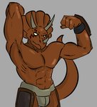 abs anthro biceps big_muscles brown_body brown_scales clothed clothing flexing frill_(anatomy) grey_background horn male muscular muscular_anthro muscular_male pecs scales simple_background solo topless stupidgnoll teenage_mutant_ninja_turtles traximus ceratopsian dinosaur ornithischian prehistoric_species reptile scalie triceraton