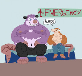 anthro bite_mark bottomwear brown_body clothing dialogue duo eyewear glasses male moobs muscular muscular_male nipples obese obese_male overweight overweight_male pants purple_body sitting text geuremon american_opossum mammal marsupial 2024 english_text hi_res