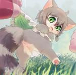 4_toes anthro anus blush bodily_fluids bottomwear butt clothed clothing countershading duo embarrassed feet female fluffy fluffy_tail fur genitals grass green_eyes grey_body grey_fur grey_hair hair kemono loli long_tail looking_at_viewer looking_back no_underwear open_mouth outside pawpads pink_pawpads plant pussy raised_bottomwear raised_clothing raised_skirt rear_view skirt sky snout solo_focus tail tears toes tongue upskirt white_body white_countershading white_fur young young_anthro young_female rag._(artist) cat_busters artemis_(cat_busters) domestic_cat felid feline felis mammal hi_res