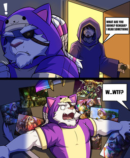anthro bangs braided_hair brown_hair cat_onesie claws cloak clothing dark_room dialogue door duo eye_patch eyewear facial_hair finger_claws forearm_muscles fur goatee hair male muscular muscular_anthro muscular_male onesie open_mouth opening_door poster_(object) profanity purple_cloak purple_clothing purple_onesie shadowed_eyes shocked speech_bubble text white_body white_fur white_hair drks league_of_legends mythology riot_games tencent nasus_(lol) renekton rengar_(lol) warwick_(lol) canid canine canis crocodile crocodilian felid human jackal lion mammal mythological_canine mythological_creature pantherine reptile scalie werecanid werecanine werecreature werewolf 2025 absurd_res comic english_text hi_res