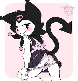 anthro anus blush clothed clothing clothing_lift female genitals loli maid_uniform presenting shirt shirt_lift solo spade_tail tail topwear uniform vulva young young_anthro young_female vytelux onegai_my_melody sanrio kuromi demon lagomorph leporid mammal rabbit hi_res