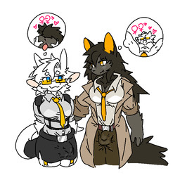 accessory anthro balls belt big_breasts black_bottomwear black_clothing black_skirt blue_eyes bottomwear breasts brown_bottomwear brown_clothing brown_hair brown_pants brown_tail bulge clothing coat collared_shirt detailed_bulge duo eyewear female fur furgonomics genital_outline genitals glasses grey_body grey_fur gynomorph hair hand_on_back horn imagination intersex intersex/female intersex/intersex navel necktie nude orange_eyes orange_eyewear orange_glasses orange_inner_ear orange_necktie pants penetration penis penis_outline rolled_up_sleeves shirt simple_background skirt tail tan_inner_ear thought_bubble tight_clothing topwear trenchcoat vaginal vaginal_penetration white_background white_body white_clothing white_fur white_shirt white_topwear dragontim mythology canid canine dragon furred_dragon furred_scalie mammal mythological_creature mythological_scalie scalie 1:1