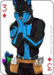 2018 abs anthro biceps black_body black_fur blue_body blue_eyes blue_fur bow_(feature) bow_tie canid canine canis card card_template clothed clothing copyright_symbol diamonds_(suit) digital_media_(artwork) english_text eyebrow_piercing facial_piercing faolan_aviternal fonyaa fur hair hybrid looking_at_viewer male mammal muscular muscular_anthro muscular_male navel pecs piercing playing_card playing_card_template simple_background smile solo standing suit_symbol symbol text three_of_diamonds waiter white_background wolfdog