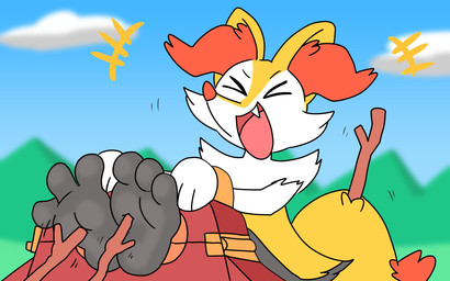 3_toes ambiguous_gender anthro black_body black_fur blurred_background cheek_tuft cloud dipstick_tail eyes_closed facial_tuft feet foot_fetish fur fur_tuft laugh markings object_in_tail open_mouth open_smile orange_body orange_fur orange_nose orange_tail_tip plantigrade restrained restraints sky smile soles solo stick stick_in_tail stocks tail tail_markings tickle_fetish tickle_torture tickling tickling_feet toes tuft white_body white_fur yellow_body yellow_fur compysteps nintendo pokemon braixen generation_6_pokemon pokemon_(species) 16:10 hi_res widescreen