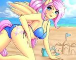 2018 accessory all_fours anthro anthrofied beach big_breasts bikini blue_eyes breasts bucket butt cleavage clothed clothing cloud container cutie_mark day detailed_background digital_media_(artwork) equid equine eyebrows eyelashes feathers female fluffy fluffy_tail fluttershy_(mlp) friendship_is_magic fully_clothed fur hair hair_accessory hairband hairpin hasbro hi_res light long_hair long_tail looking_at_viewer looking_back makeup mammal mascara my_little_pony mythological_creature mythological_equine mythology open_mouth open_smile outside pegasus pink_tail pink_tongue ponytail sand_castle sculpture seaside sky slim smile snout solo spread_wings sunlight swimwear tail tail_aside tongue trowel twistedscarlett60 two-piece_swimsuit water wings yellow_body yellow_feathers yellow_fur