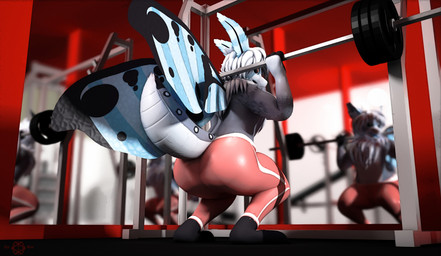 antennae_(anatomy) anthro arthropod_abdomen athletic_wear barefoot blue_wings bottomwear butt clothed clothing crouching exercise feet fur grey_body grey_fur gym gym_equipment hair insect_wings inside lepidopteran_wings looking_at_viewer looking_back looking_over_shoulders low-angle_view male male_anthro mirror neck_tuft no_shoes pants pink_bottomwear pink_clothing pink_pants red_wall solo squatting_pose surprised topless topless_anthro topless_male tuft weightlifting weights white_hair wings workout yoga_pants syn-blue furvoc_(modeler) keen_la_lune_(syntaxblue) arthropod insect lepidopteran moth 2025 3d_(artwork) digital_media_(artwork) hi_res watermark