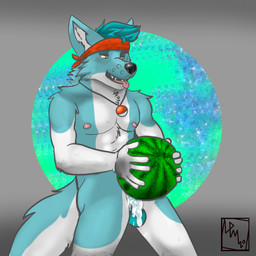 anthro anthro_penetrating bodily_fluids cum cum_in_food cum_inside food food_fetish food_penetration food_play fruit genital_fluids genitals holding_object improvised_sex_toy male male_penetrating melon penetration penis plant simple_background solo watermelon nicohhusky nicothepinkhusky canid canine canis domestic_dog husky hybrid mammal nordic_sled_dog spitz wolf wolfdog 1:1 low_res