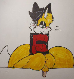 anthro anus backsack balls big_butt blush bottomless bottomless_male butt checking_out_self clothed clothing dialogue ellipsis eyeshadow femboy genitals half-closed_eyes looking_back makeup male narrowed_eyes penis puffy_anus sitting small_balls small_penis smile solo text justsomeidiotonline archie_comics sega sonic_the_hedgehog_(archie) sonic_the_hedgehog_(comics) sonic_the_hedgehog_(series) miles_prower_(anti-tails) canid canine fox mammal red_fox true_fox absurd_res hi_res