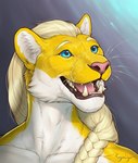 anthro blonde_hair blue_eyes braided_hair fur hair male open_mouth pink_nose simple_background smile solo teeth tongue whiskers yellow_body yellow_fur rogueliger cougar felid feline mammal 2022 digital_media_(artwork)