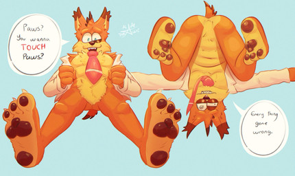 anthro beaten bottomless bottomwear brown_bottomwear brown_clothing brown_pants clothed clothing dialogue feet foot_fetish foot_focus heel_pad humanoid_feet male overweight pants pawpads plantigrade soles solo speech_bubble text undressing kadedrawz bubsy_(series) bubsy_bobcat felid feline mammal absurd_res english_text hi_res