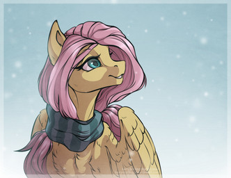 black_eyebrows blue_eyes blue_pupils blue_scarf chest_tuft clothing eyebrow_through_mane eyebrows eyelashes feathered_wings feathers female female_feral feral fur happy lidded_eyes light long_mane looking_up mane mostly_nude mostly_nude_female mostly_nude_feral multicolored_scarf open_mouth open_smile outside pattern_clothing pattern_scarf pink_mane pupils scarf scarf_only smile snow snowing solo striped_clothing striped_scarf stripes text thin_eyebrows translucent_border tuft two_tone_scarf wings winter yellow_body yellow_feathers yellow_fur rrusha friendship_is_magic hasbro my_little_pony mythology fluttershy_(mlp) equid equine mammal mythological_creature mythological_equine pegasus 2016 bust_portrait colored digital_drawing_(artwork) digital_media_(artwork) english_description lighting portrait shaded url