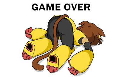 ass_up brown_hair clothed clothing defeated defeated_heroine female hair simple_background solo tail text white_background cactussprout gameoverse glitch_productions kit_bodega domestic_cat felid feline felis mammal english_text hi_res