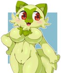 anthro anthrofied blush border breasts featureless_breasts female fur genitals green_body green_fur nude pokemorph pussy smile solo white_border tokemaru nintendo pokemon felid feline generation_9_pokemon mammal pokemon_(species) sprigatito 2022 digital_media_(artwork)