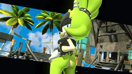 anthro big_butt black_body black_clothing black_fur black_nose black_topwear blue_eyes bottomless bracelet breasts butt clothed clothing ear_piercing eyelashes facial_markings female fur gloves green_body green_fur handwear head_markings jewelry looking_at_viewer looking_back looking_back_at_viewer markings piercing rear_view sharp_teeth smile solo studded_bracelet studded_jewelry studs tan_body tan_fur teeth thick_thighs topwear white_clothing white_gloves white_handwear wide_hips die_noir idw_publishing sega sonic_the_hedgehog_(comics) sonic_the_hedgehog_(idw) sonic_the_hedgehog_(series) surge_the_tenrec afrosoricid mammal tenrec 16:9 3d_(artwork) 3d_animation animated digital_media_(artwork) no_sound short_playtime video widescreen