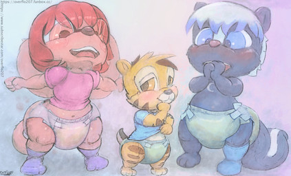 anthro big_diaper blush blush_lines clothing diaper eyewear feces footwear glasses group male male/male shirt socks soiled_diaper soiling topwear trio unclean_diaper used_diaper young overflo207 tavimunk flo_(overflo207) canid canine canis chipmunk domestic_dog ground_squirrel mammal mephitid rodent sciurid skunk hi_res