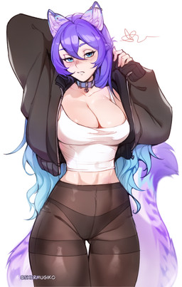 5_fingers blush bottomwear breasts clothed clothed_female clothed_humanoid clothing ear_piercing female fingernails fingers front_view fully_clothed fully_clothed_female fully_clothed_humanoid hair inner_ear_fluff looking_at_viewer nails panties piercing simple_background solo standing tail teeth topwear tuft underwear shermugi humanoid 2026 absurd_res digital_drawing_(artwork) digital_media_(artwork) hi_res