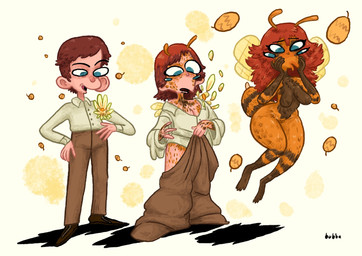 4_eyes anthro blue_eyes brown_body brown_fur female flying forced forced_transformation fur gender_transformation hair human_to_anthro male male_to_female mtf_transformation multi_eye orange_body orange_fur red_hair shrinking size_transformation species_transformation striped_body striped_fur stripes transformation transformation_sequence wings bubbalossom arthropod bee hymenopteran insect hi_res