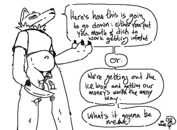 andromorph anthro big_clitoris birth bottomless clitoris clothed clothing dialogue feral genitals infestation intersex knife looking_at_viewer male parasite solo text threatening_with_weapon qwaxi~lixard canid canine gastropod mammal mollusk slug english_text trans_(lore) trans_man_(lore)