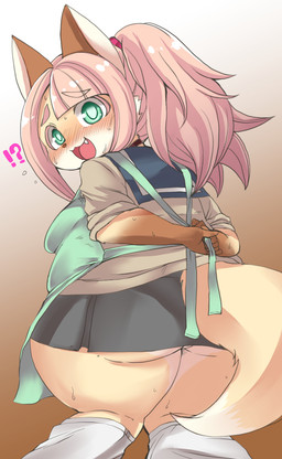 anthro apron blush bodily_fluids bottomwear breasts butt clothed clothing female fur green_eyes hair interrobang kemono long_hair nervous overweight overweight_anthro overweight_female panties pink_hair skirt solo sweat underwear shinobe ou_sakuraba_(shinobe) canid canine fox mammal 2016 hi_res