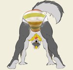 abs all_fours anthro athletic athletic_male black_sclera bodily_fluids clothed clothing diaper diaper_only feces fur genital_fluids grey_body grey_fur looking_at_viewer looking_back looking_back_at_viewer looking_through looking_through_legs male object_in_mouth one_eye_closed pacifier pacifier_in_mouth pooping smile smiling_at_viewer soiled_diaper soiling soiling_diaper solo topless unclean_diaper urine used_diaper wet_diaper wetting wetting_diaper yellow_body yellow_eyes yellow_fur syeenyeen paddedwolfy_(character) canid canine canis mammal wolf 2024 hi_res