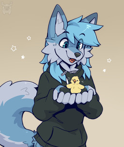 4_fingers ambiguous_gender anthro beak black_clothing black_eyebrows black_hoodie black_nose black_pawpads black_topwear blue_body blue_eyes blue_fur blue_hair bottomless cheek_tuft clothed clothing duo eyebrows facial_tuft fangs feral fingers fur hair happy holding_another hoodie hoodie_only long_hair male open_beak open_mouth open_smile pawpads simple_background smile snout tail teeth topwear topwear_only tuft fleurfurr avian bird canid canine chicken galliform mammal phasianid cel_shading colored colored_sketch digital_drawing_(artwork) digital_media_(artwork) hi_res shaded sketch