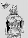 ambiguous_gender anthro ballistic_vest bulletproof_vest cape clothing crossed_arms front_view looking_away military simple_background solo standing streetwear techwear yuqii sergal 2024 3:4 artist_name black_and_white dated digital_drawing_(artwork) digital_media_(artwork) line_art monochrome portrait signature sketch three-quarter_portrait