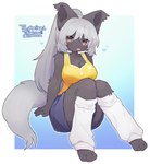 abstract_background alternative_fashion anthro big_breasts blep border bottomwear breasts brown_eyes cleavage clothed clothing female fluffy fluffy_chest fluffy_tail fur grey_body grey_fur gyaru hair hands_behind_back heart_symbol j-fashion kemono knock-kneed leg_warmers legwear long_hair paws ponytail shirt sitting skirt smile solo tail tank_top text tongue tongue_out topwear white_border white_hair spommmm skye_diver canid canine canis domestic_dog mammal commissioner_name english_text hi_res signature