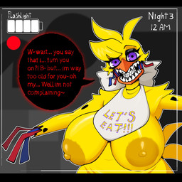 anthro areola beak bib big_breasts black_border border breasts camera_view cheek_tuft dialogue eyelashes facial_tuft feathers female front_view head_feathers head_tuft huge_breasts looking_at_viewer machine navel nipples non-mammal_nipples purple_eyes solo speech_bubble talking_to_viewer text tuft wire yellow_areola yellow_body yellow_feathers yellow_nipples gallo_wazavi five_nights_at_freddy's five_nights_at_freddy's_2 scottgames withered_chica_(fnaf) animatronic avian bird chicken galliform phasianid robot 1:1 hi_res